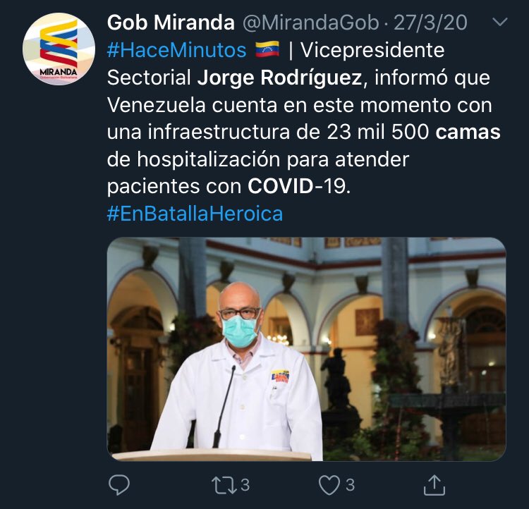 Bandresoficial's tweet photo. ¿Por qué si entre marzo y abril se informó que Venezuela tenía 23 mil camas para atender Covid, ahora se está hablando de habilitar el Poliedro y estadios para atender a los pacientes, si apenas se han registrado unos 10 mil casos? https://t.co/U6BfPF8Ibu