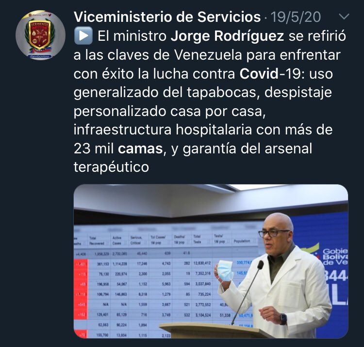 Bandresoficial's tweet photo. ¿Por qué si entre marzo y abril se informó que Venezuela tenía 23 mil camas para atender Covid, ahora se está hablando de habilitar el Poliedro y estadios para atender a los pacientes, si apenas se han registrado unos 10 mil casos? https://t.co/U6BfPF8Ibu