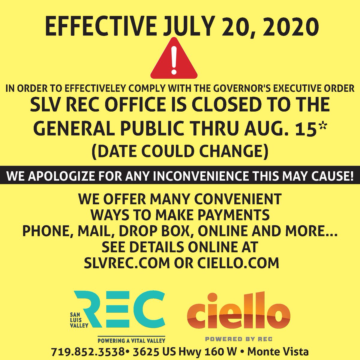 SLVREC's tweet photo. Our office will once again be closed to the public. #SLVStrong #Poweron #COVID19colorado https://t.co/6lg17IKgAs