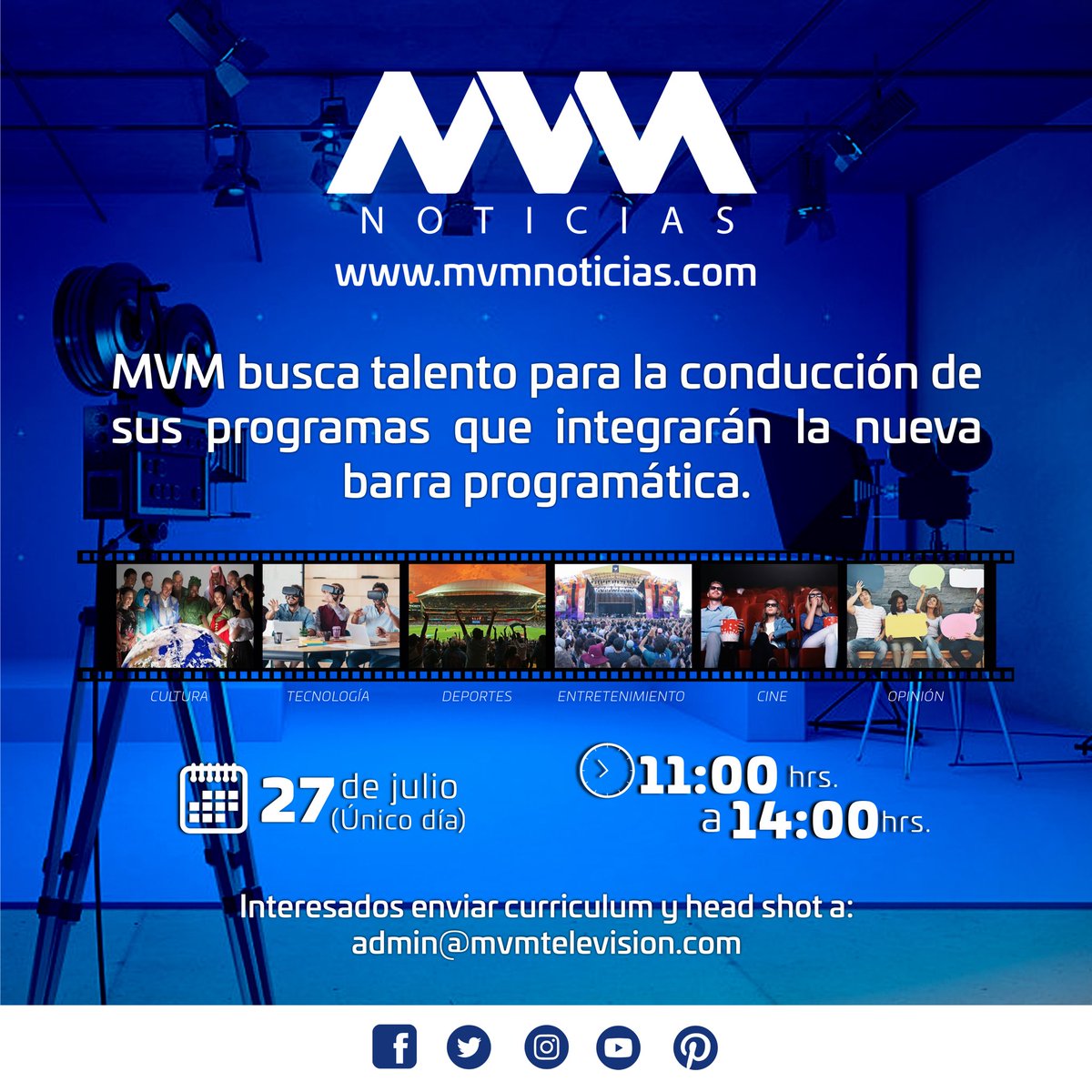 MVMNoticias's tweet photo. ¿Te gustaría conducir un programa? ¡Esta es tu oportunidad! 

Asiste al #Casting2020 en #MVMNoticias este 27 de julio de 11:00 a.m. a 2:00 p.m.

¡Te esperamos! https://t.co/XnMHfB6IrB