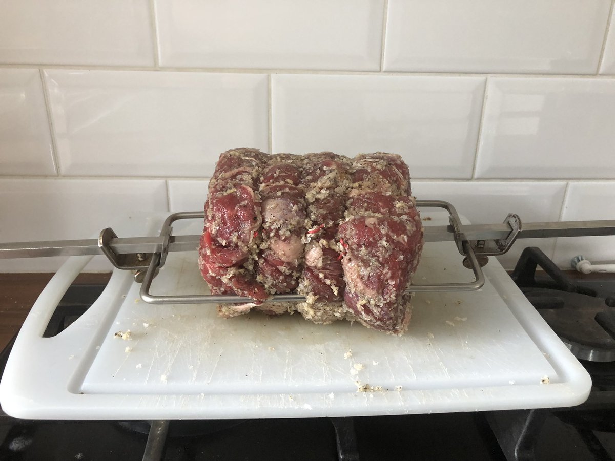 First time using @Weberbarbecues rotisserie thanks to <a href="/TridentsBBQ/">Conor Dawson</a>, <a href="/CorriesMeats/">Corries Farm Butcher</a> ribeye roast with my own salt/pepper and garlic rub. Bit heavy on the salt but every day is a school day. Other than that I would say success