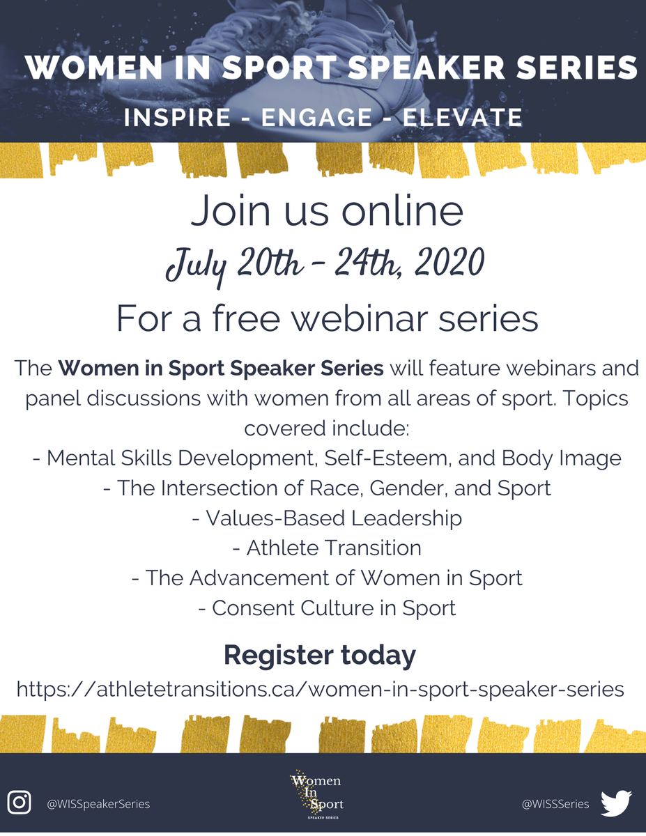 WomenandSportCA's tweet photo. Women in Sport Speaker Series, A week of women talking about life in the world of sport. July 20 - 24th, 2020 
Register here:
https://t.co/5Hum3e6sf0 https://t.co/YZJTz4PVaJ