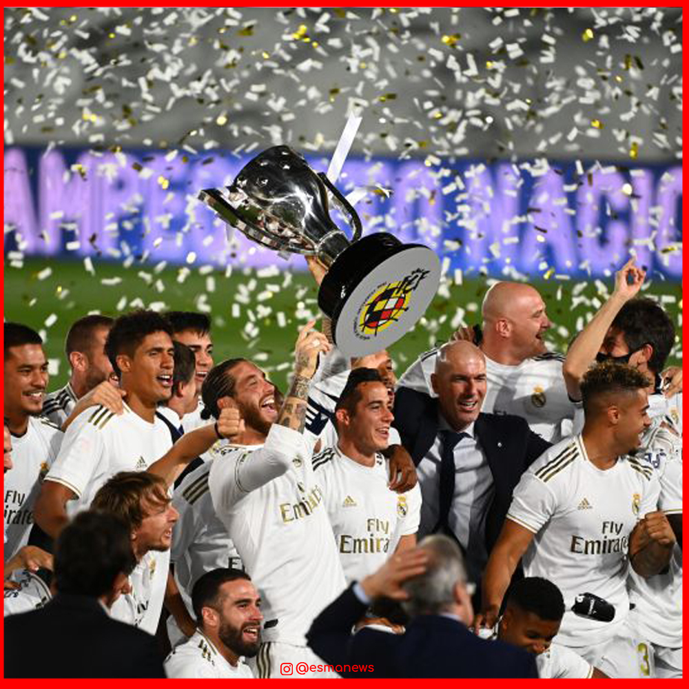 EsmaNews's tweet photo. Real Madrid é o novo campeão de Espanha.

O Real Madrid é o campeão da temporada 2019/20 do Campeonato #Espanhol. A equipe comandada por Zinedine Zidane confirmou o 34º título da liga nacional com a vitória por 2 a 1 sobre o #Villarreal, nesta quinta-feira (16). https://t.co/WKv4LvFz7z