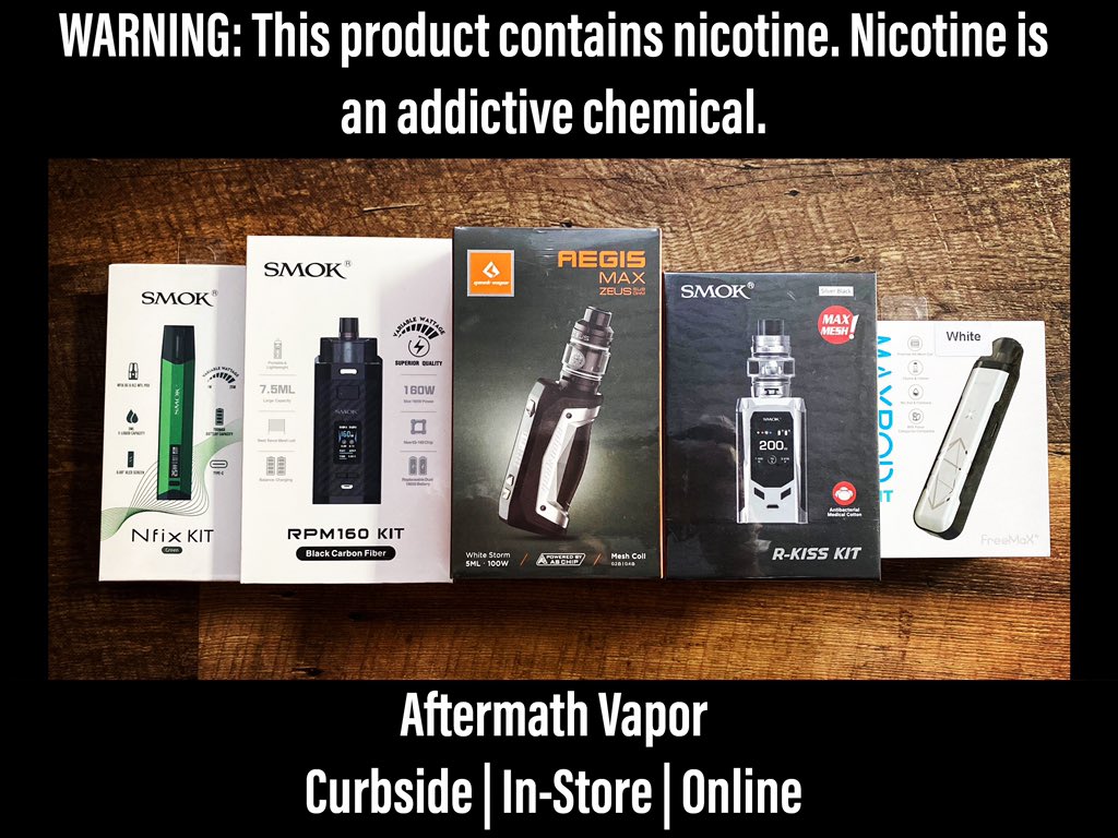 aftermathvapor's tweet photo. New items have arrived from Smok, Geek Vape and Freemax!
#vapeshop #smallbusiness #localbusiness #vapelife #aftermathvapor #aftermathvaporcbd #avdenver #smok #nfixkit #rpm160 #rkiss #geekvape #aegismax #freemax #maxpod @smok_tech @geekvapetech @freemaxvape https://t.co/d4qobXLcY1