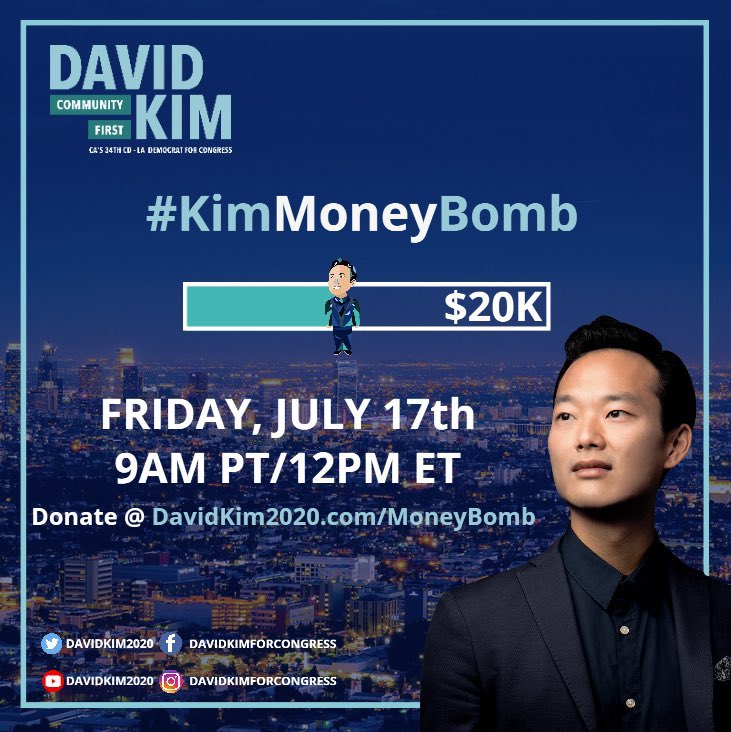 EricQuachSpeaks's tweet photo. BIG DAY TOMORROW.

We’re TRENDING #KimMoneyBomb @ 9AM PT / 12PM ET to get everyone to donate to @davidkim2020.

Spread the word &amp; donate @ https://t.co/ohZ6pMZddX — let’s hit the $20K goal and go way past it 🚀 https://t.co/obLBvFe3cU
