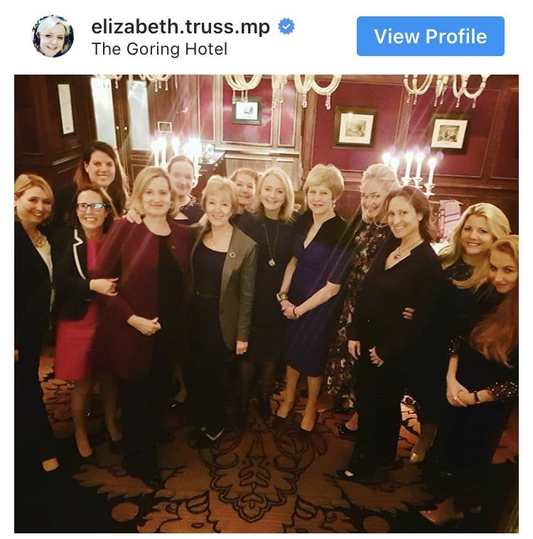 April 2019 ‘she gave £135K for dinner at luxury Goring hotel with  @theresa_may & several female cabinet members.’‘Downing Street at time was irritated that  @trussliz’s breezy post revealed the reality of how the Conservative party raises money.’JOLZ! https://www.instagram.com/p/Bw2sSBmgP5z/ 