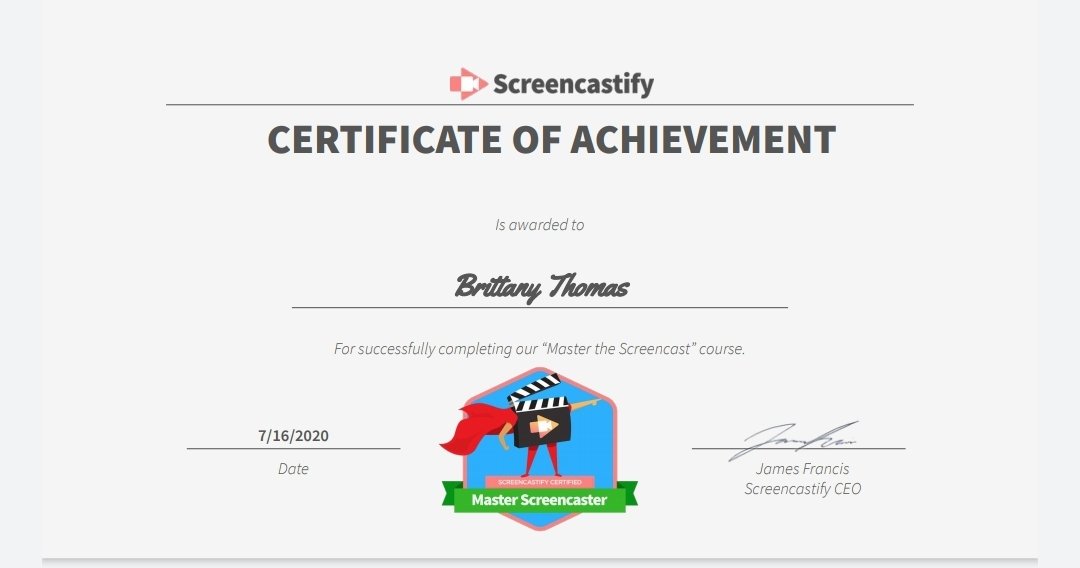 bmtedder1's tweet photo. Completed my #MasterScreencaster course today! Next up is the Screencastify Genius course! π @Screencastify @AmeliaElem @AmeliaITRT #ACESPowerUp https://t.co/vJdK6HOYwh