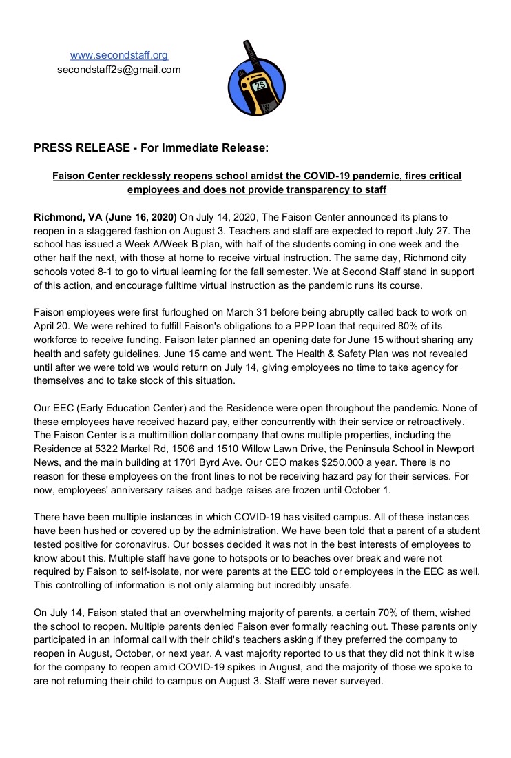 secondstaff2s's tweet photo. Faison's decision to reopen August 3 endangers the lives of students and staff members alike. We believe in reopening #OnlyWhenItsSafe https://t.co/6Qq9c0OPtV