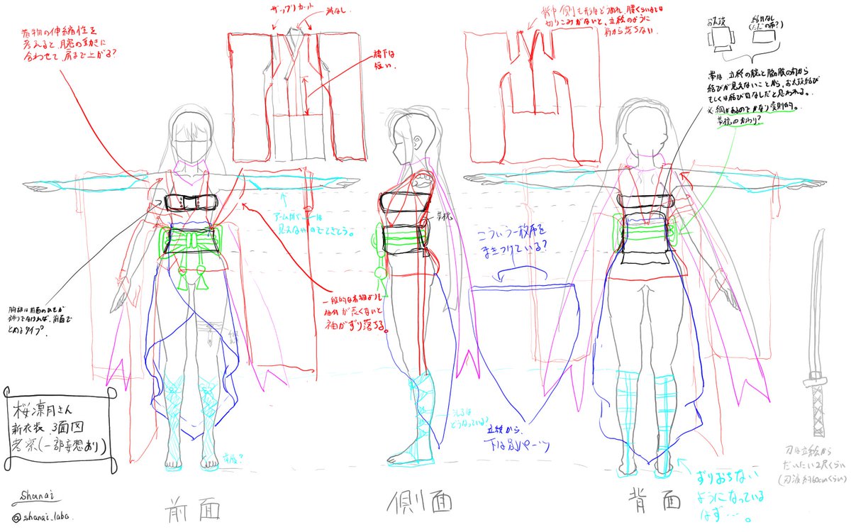 りつきんの新衣装を描きたくて和服について簡単に調べて3面図に落とし込んでみました
立絵は前面しかないのでかなり妄想入ってます
おかしなところは指摘してくださると嬉しいです
※配信やツイート等で答えが出てたらごめんなさい
公式の設定画が欲しい?
#姫覚醒の時
#リツキあーと
#桜ンボのきもち https://t.co/yAf1G7MCqO 