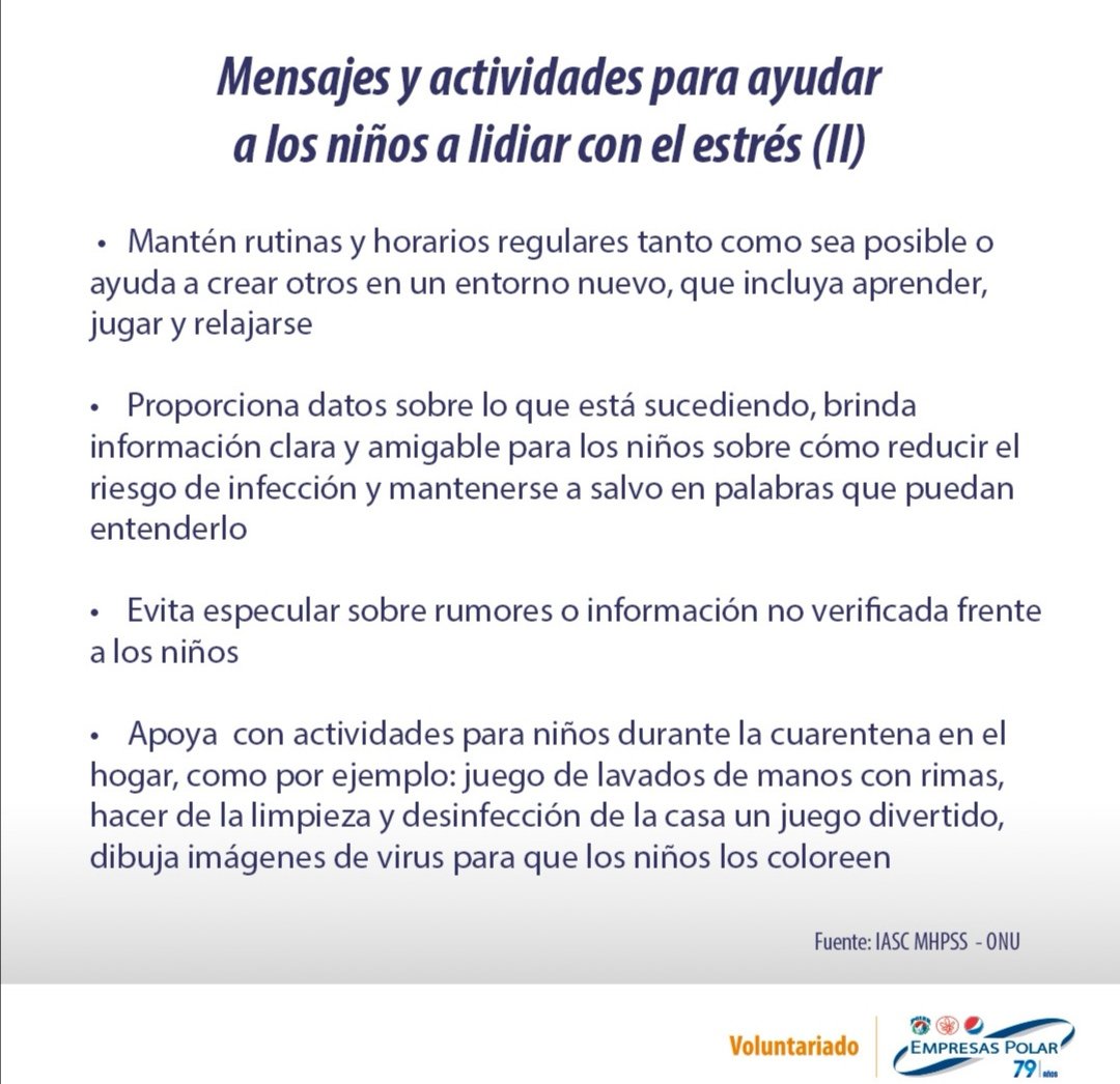 JenniferEstev's tweet photo. 🔵🟠 Los niños también son vulnerables a los efectos psicológicos de la pandemia por el COVID-19. Como parte del Voluntariado de @empresaspolar compartimos estos mensajes para contribuir a su bienestar #VoluntariadoEP 🟠🔵 Parte (2/2) https://t.co/t8wAy7mkqw