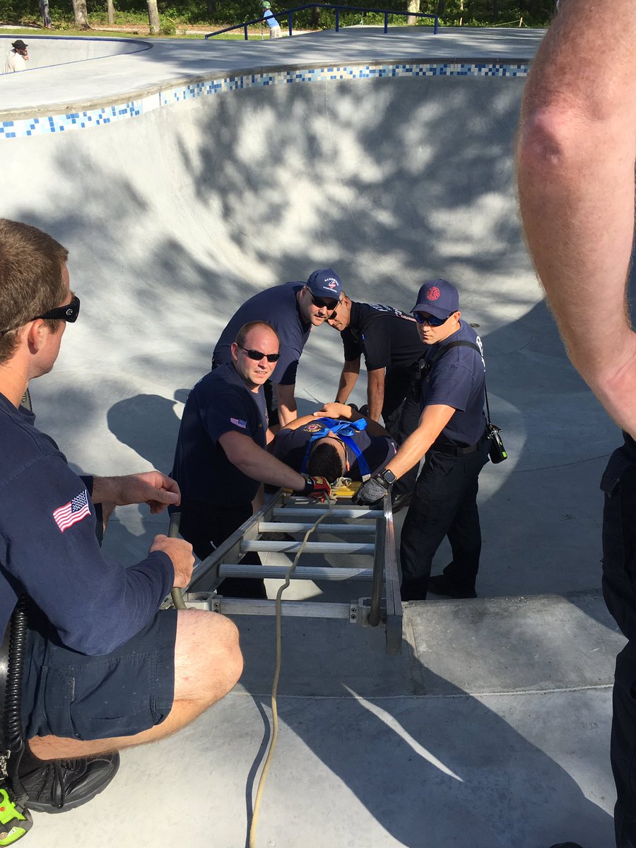 Sandwich F.F.'s this morning participated in a extrication drill @ the newly opened Skate Park on QMH Rd. F.F.'s removed a simulated injured skater after immobilizing him on a spineboard.