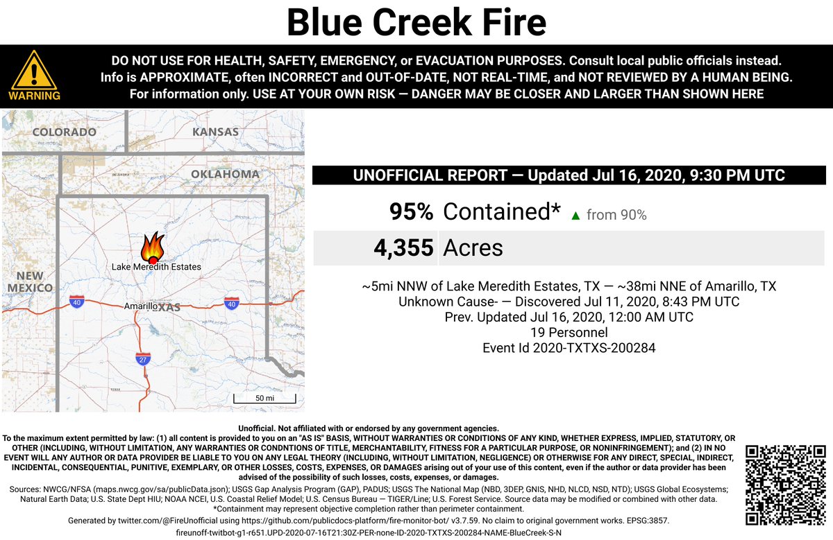 SWFireBot's tweet photo. #BlueCreekFire 🔥 unofficial, automated update.
@AllHazardsTFS; ~5mi NNW of Lake Meredith Estates, TX. ⚠️ DO NOT USE FOR SAFETY PURPOSES - See officials instead. May be incorrect; disclaimers in images. https://t.co/8IZNmywwGD
