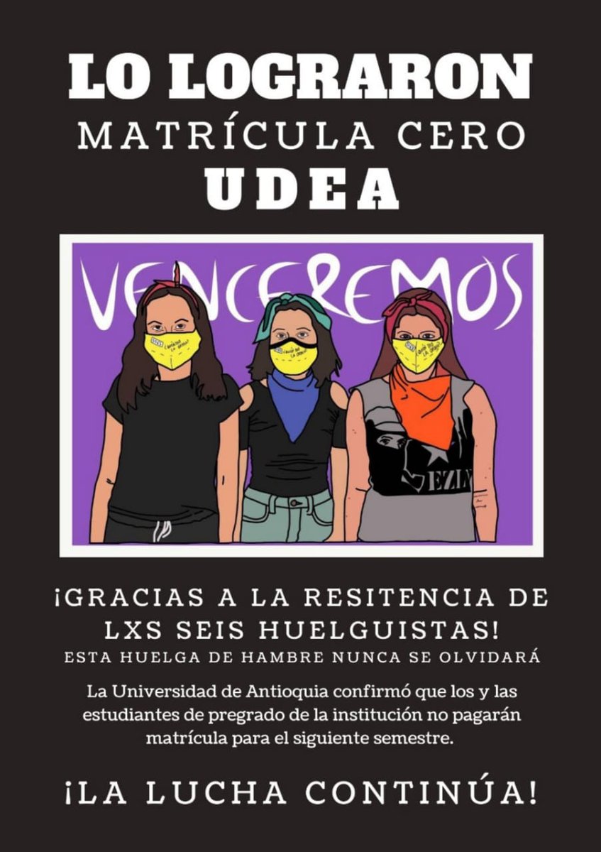 Asamblea_U_de_A's tweet photo. ¡Lo lograron! ¡Lo lograron! Se ha conseguido la #MatriculaCeroUdeA para todas y todos los estudiantes de pregrado. 

Admiración y agradecimiento a les huelguistas 💚💚💚

Autoría:
@DesdeEl12 https://t.co/9aByvYJkJE