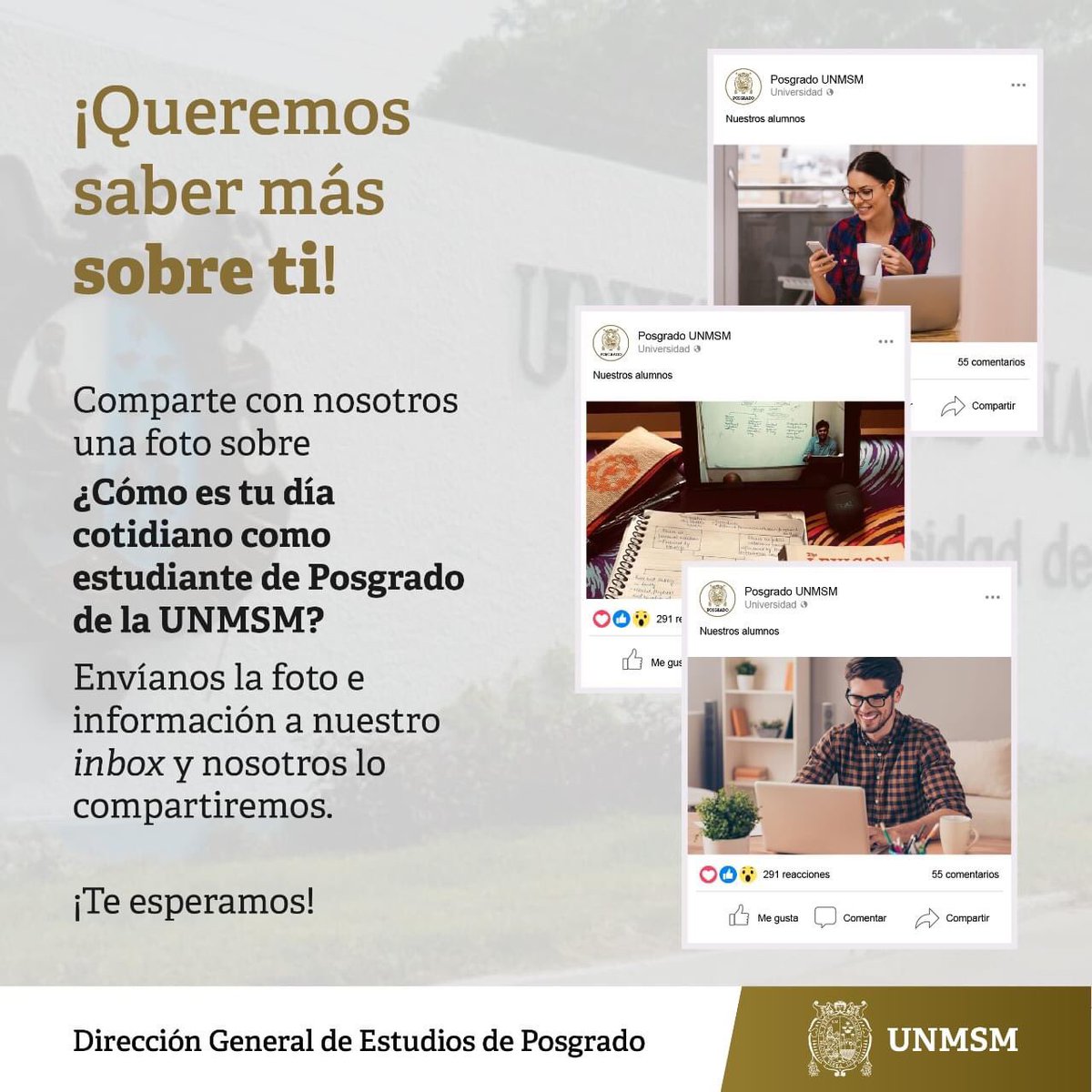 PosgradoUNMSM's tweet photo. 📸!Queremos saber más de ti! Envíanos al inbox una foto tuya con la cual podamos conocer tu forma de estudiar durante la emergencia sanitaria #posgradounmsm https://t.co/NuvelSE70Z