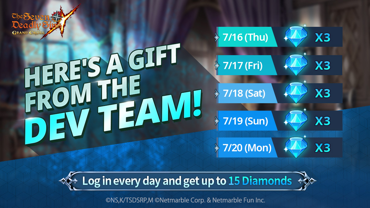 7DS_en's tweet photo. As a part of our Developer's Note, 3 diamonds will be given out across 5 days to all users! Be sure to collect them when the push notificaiton appears! https://t.co/P6UiVDQNYY