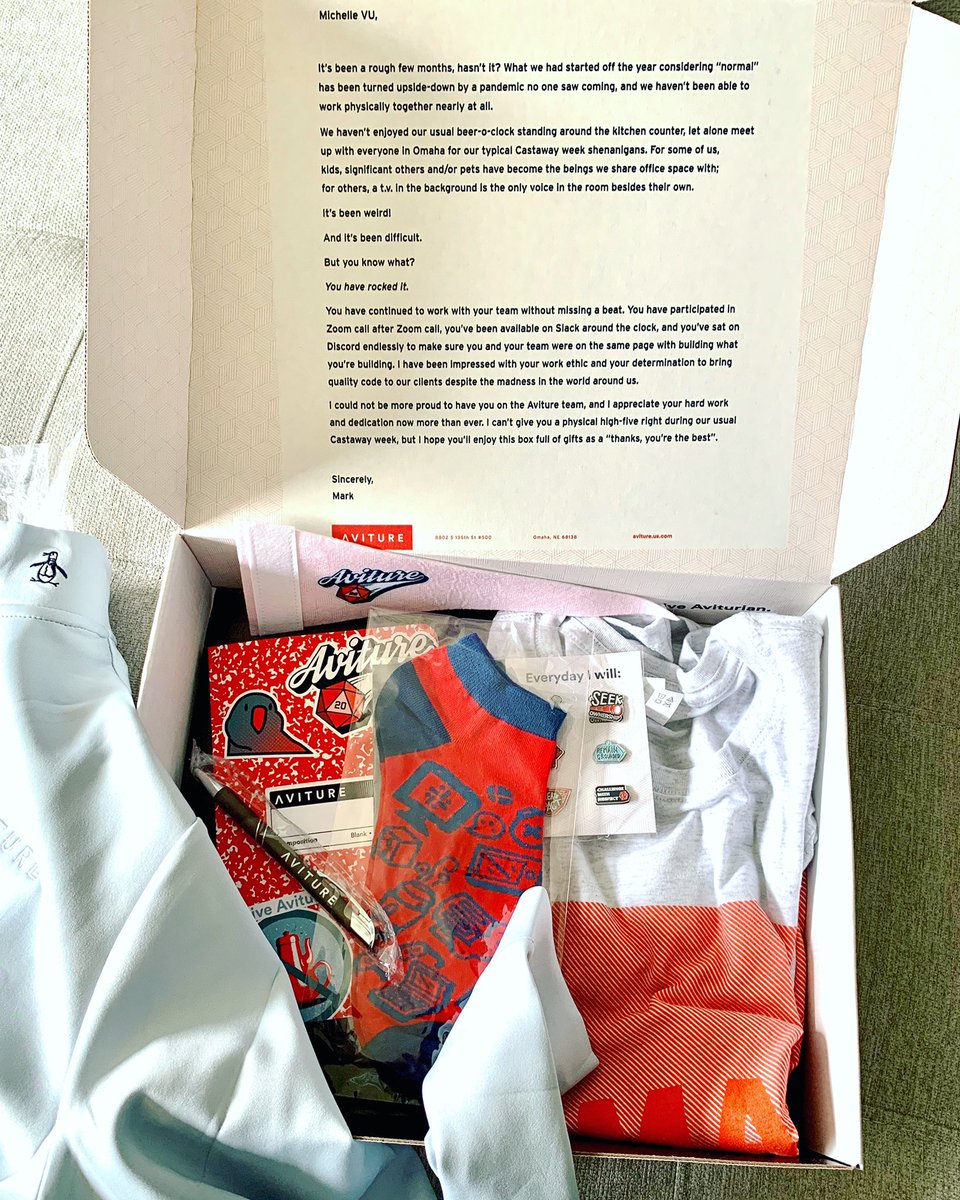 HeyMichelleVu's tweet photo. I got an awesome surprise this week from my company! The new gear along with the encouraging message from my CEO and the team behind this cute package totally cheered me up. Thank you @aviture !!!#LifeAtAviture #CastawayWeek #giveAShit https://t.co/w5W0m5dDZU