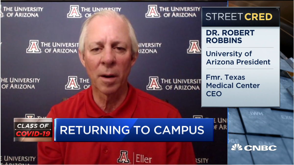 uarizona's tweet photo. University of Arizona President Robert C. Robbins (@UArizonaPres) joined @CNBCClosingBell to discuss what it will be like for students who come back to campus for the fall semester. https://t.co/BhJnih397P https://t.co/GKUJENXWA4