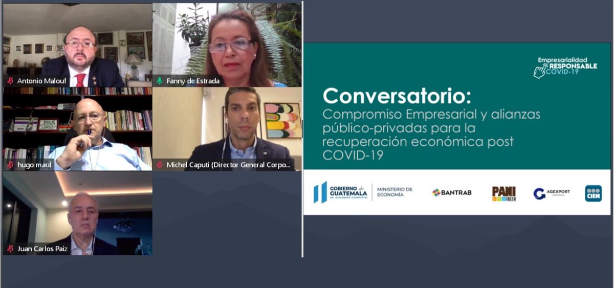 CentraRSE's tweet photo. Perspectivas desde los diferentes sectores en el Panel: Compromiso Empresarial y alianzas público-privadas para la recuperación económica, Ministro Antonio Malouf @MINECO, Fanny de Estrada @AGEXPORT, Hugo Maul @CIENgt , Michel Caputi @BANTRAB y Juan Carlos Paiz #Panifresh https://t.co/AOWajPTLlx