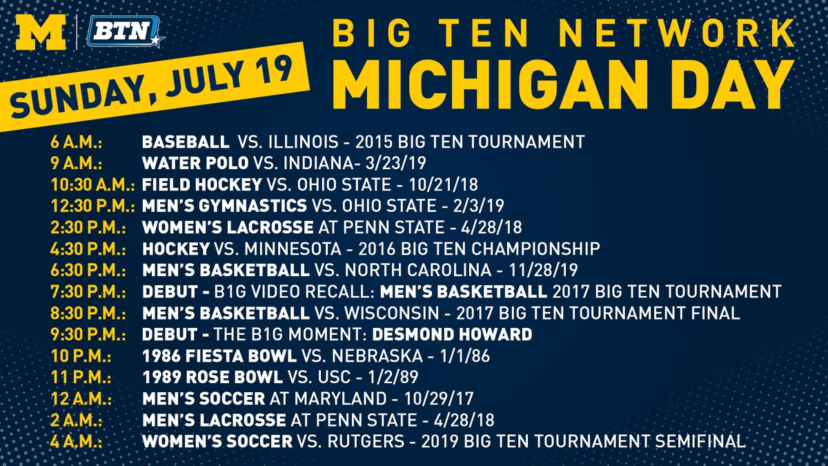 UMichAthletics's tweet photo. SUNDAY = Another ‘Michigan Day’ over on @BigTenNetwork. 

More Ways to Stay Connected » https://t.co/rQwJcxUyTH

#GoBlue 〽️🔵 https://t.co/fgfWMR0wAY