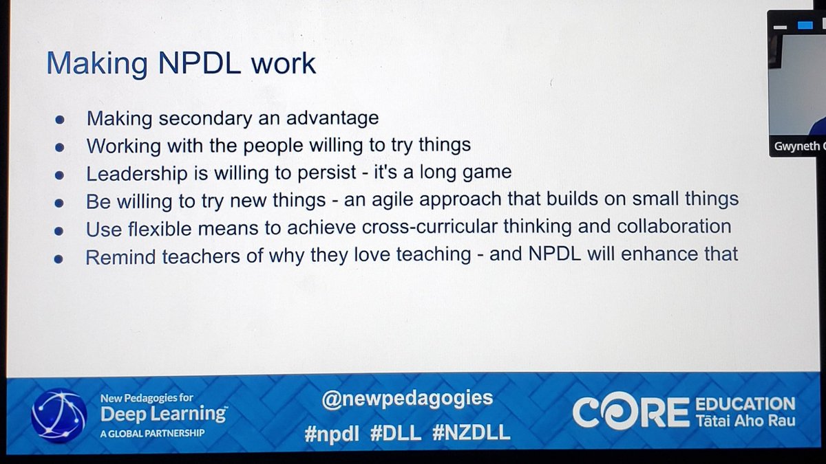 "It's easier to love teaching when you're deep learning!" AGREED! Very grateful to be participating in the NPDL Learning Lab. 'Going Deep in a Secondary Context' session reinforces my beliefs about authentic, flexible, cross curricular risk-taking projects!" #ocsbDL #npdl #nzdll