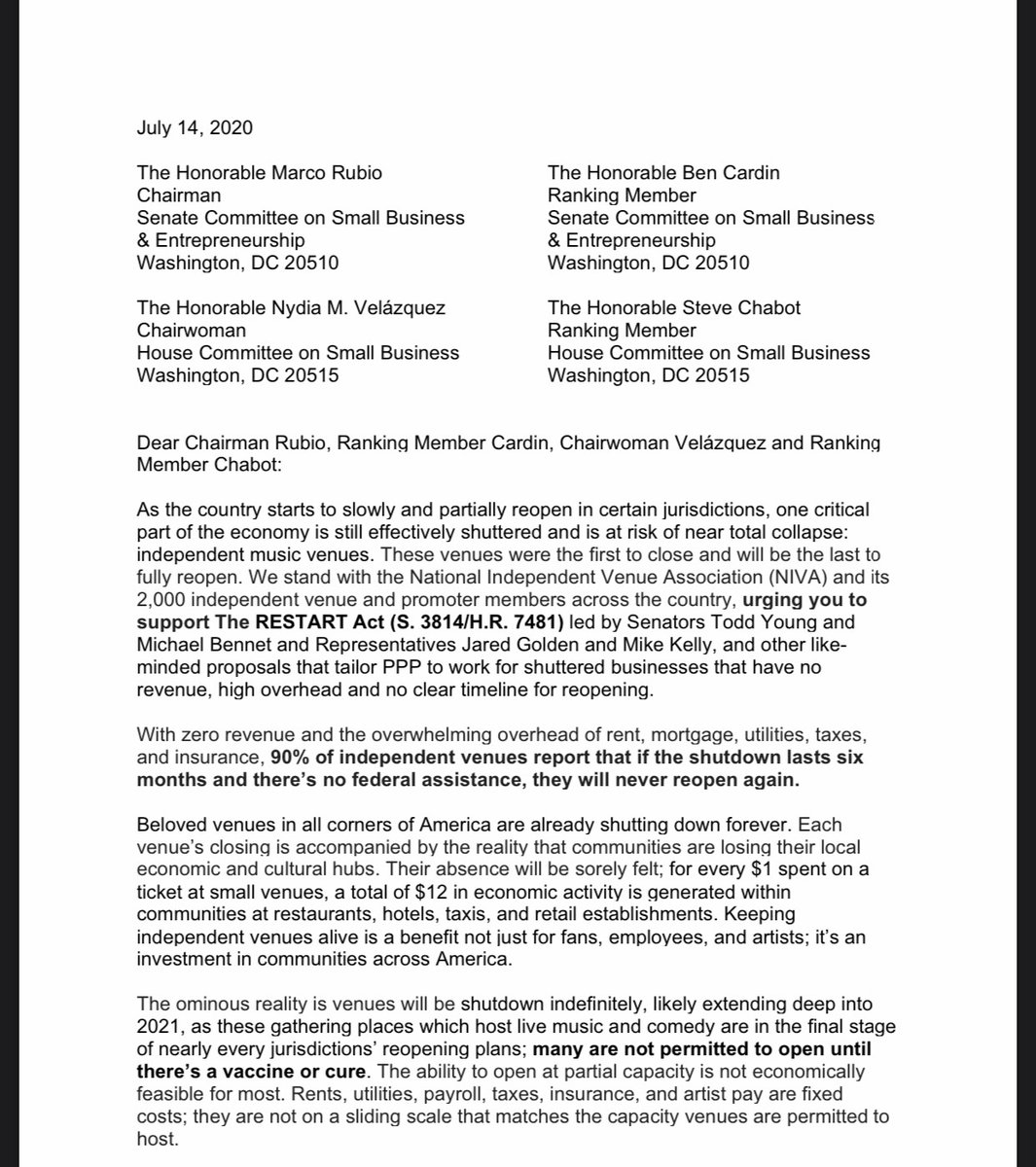 nivassoc's tweet photo. Music industry giants: Amazon Music, BMI, Recording Industry Association of America (RIAA), Sony Music Entertainment, Sirius XM + Pandora, Spotify, Universal Music Group, and Warner Music Group have stepped up to lend their support for the bipartisan RESTART Act. #saveourstages https://t.co/bys1agqzos