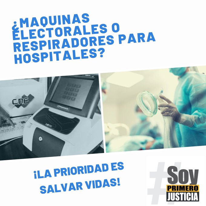 jovenespjsc's tweet photo. ¿Maquinas electorales o respiradores para los hospitales en Venezuela? A Maduro lo único que le interesa es aferrarse al poder, por eso prefiere gastar millones en máquinas electorales que en respiradores para atender la crisis ¡La prioridad es SALVAR VIDAS! #MaduroNOhizoNada https://t.co/Szvr3awOi8