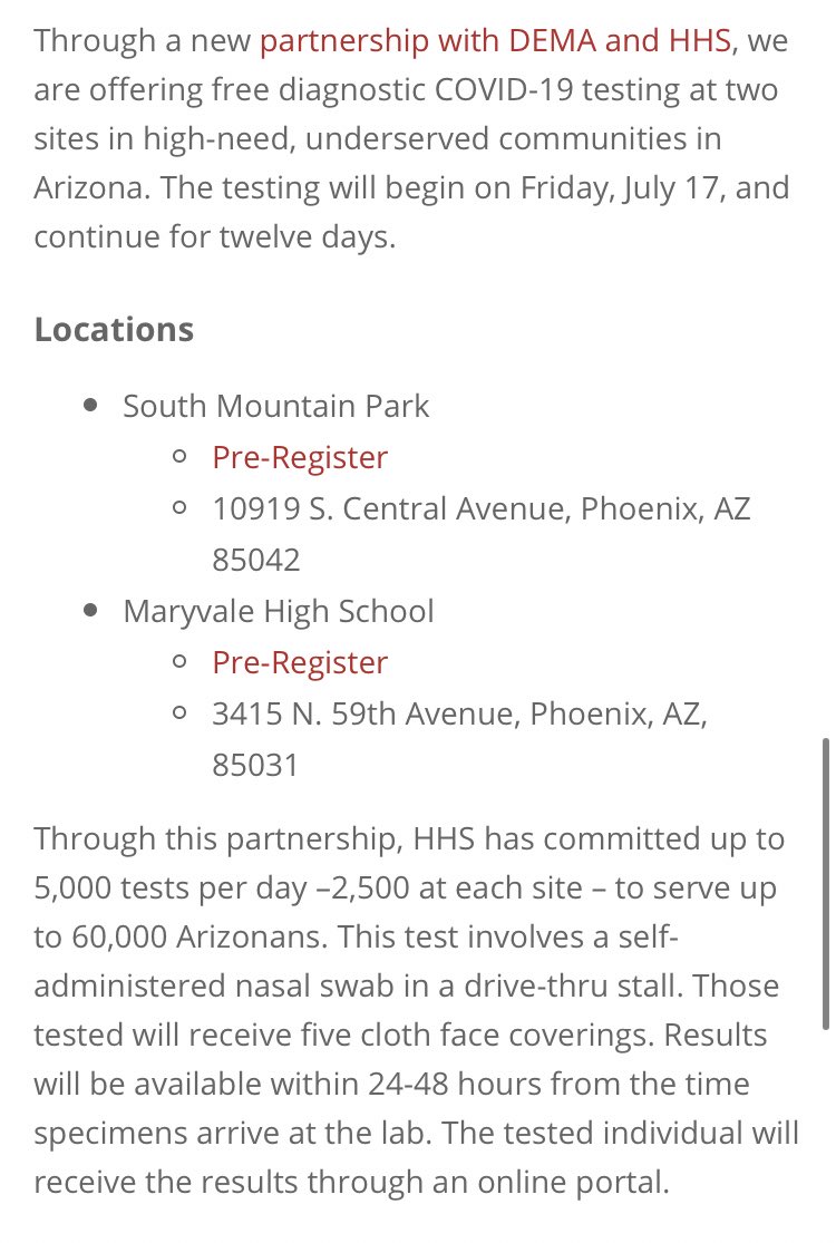 VaughnHillyard's tweet photo. The best COVID testing option over the next 12 days in Arizona: These two federally-backed sites in South Phoenix &amp; Maryvale. They’ll each be able to process 2,500 tests a day.

They say results will come in 24-48 hours.

Preregister here: 
https://t.co/vUK8P4sTLi https://t.co/m1RkSbQMRV