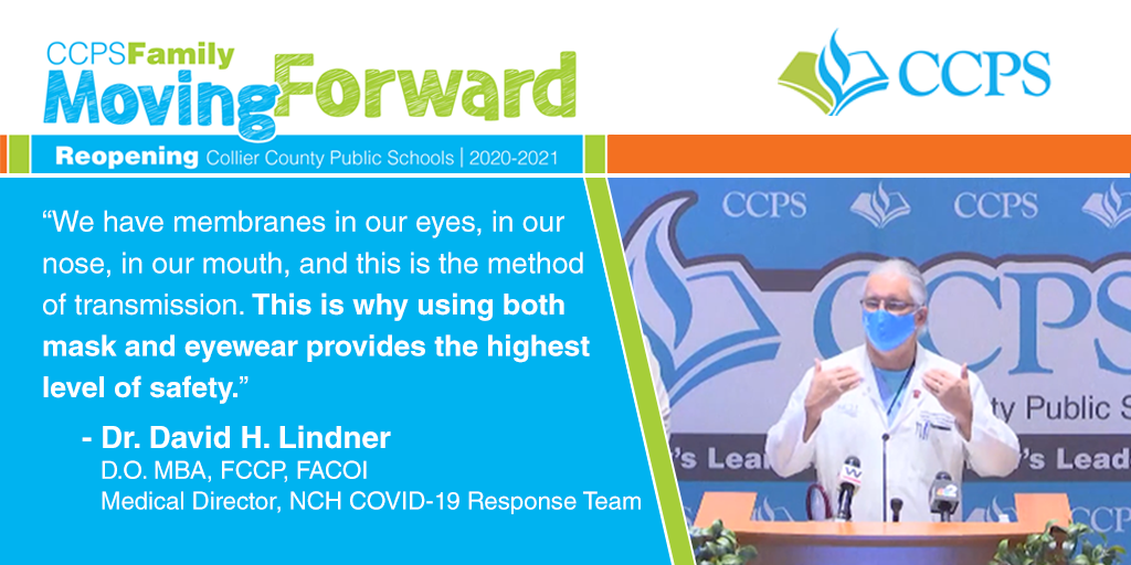 “We have membranes in our eyes, in our nose, in our mouth, and this is the method of transmission. This is why using both mask and eyewear provides the highest level of safety.” -Dr. Lindner, Medical Director of the <a href="/NCHFlorida/">NCH Healthcare System</a> COVID-19 Response Team discussing enclosed spaces