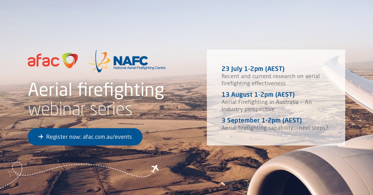 AFACnews's tweet photo. Tune into our three-part webinar series with @nafcaus to learn about current research on aerial firefighting effectiveness with Chris Arnol, Chief Officer @TasFireService and Dr Matt Plucinski from @CSIRO Land and Water. 

Register: https://t.co/oeBP0XDB8g https://t.co/R7567TBGS0
