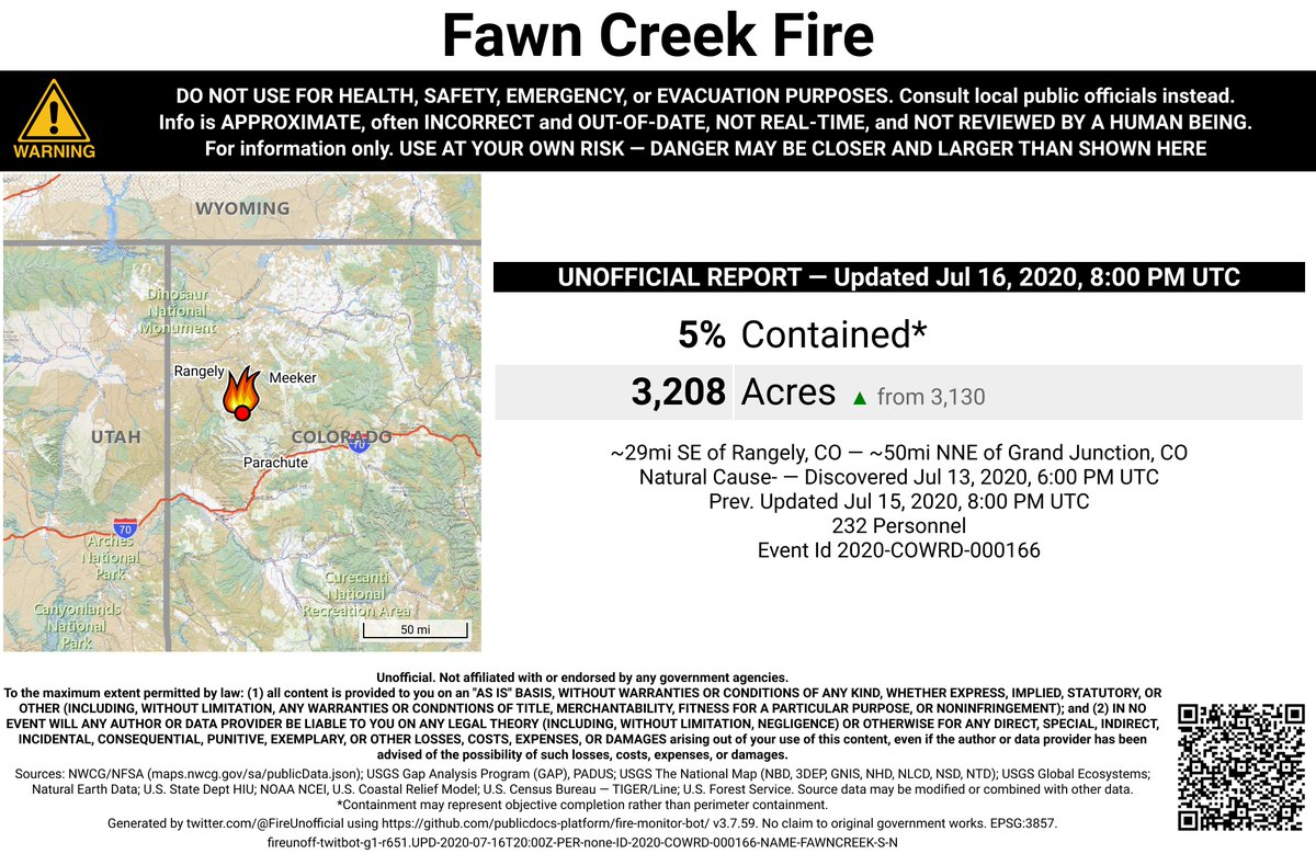 RockyMtnFireBot's tweet photo. #FawnCreekFire 🔥 unofficial, automated update.
~29mi SE of Rangely, CO. ⚠️ DO NOT USE FOR SAFETY PURPOSES - See officials instead. May be incorrect; disclaimers in images. https://t.co/Uzt0BmAEa8