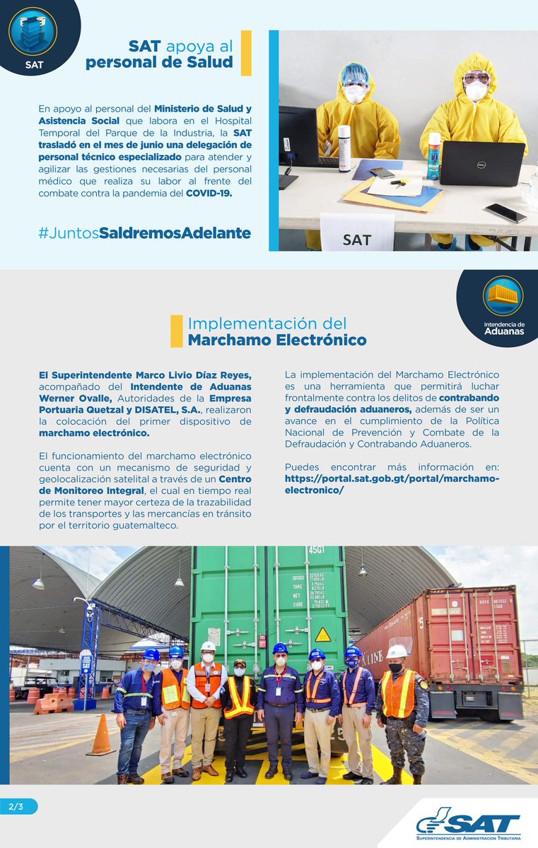 SATGT's tweet photo. #INFOSAT No. 4 El Boletín Informativo de la Superintendencia de Administración Tributaria.

➡️ Vicepresidencia Regional OMA.
➡️ 14 Certificadores FEL Autorizados. 
➡️ SAT Apoya a Médicos. 
➡️ Implementación del Marchamo Electrónico. 
➡️ Cita Previa ya en 21 ubicaciones. https://t.co/H1PLbfAwG4