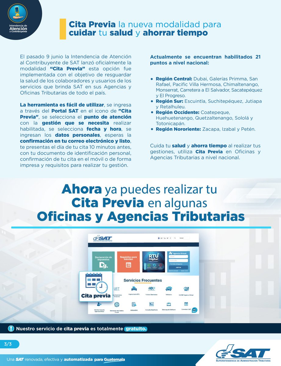 SATGT's tweet photo. #INFOSAT No. 4 El Boletín Informativo de la Superintendencia de Administración Tributaria.

➡️ Vicepresidencia Regional OMA.
➡️ 14 Certificadores FEL Autorizados. 
➡️ SAT Apoya a Médicos. 
➡️ Implementación del Marchamo Electrónico. 
➡️ Cita Previa ya en 21 ubicaciones. https://t.co/H1PLbfAwG4