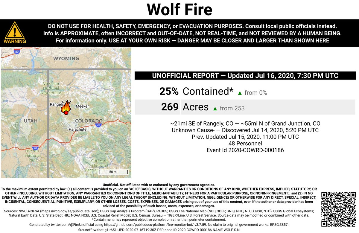 RockyMtnFireBot's tweet photo. #WolfFire 🔥 unofficial, automated update.
~21mi SE of Rangely, CO. ⚠️ DO NOT USE FOR SAFETY PURPOSES - See officials instead. May be incorrect; disclaimers in images. https://t.co/D7qQz86eXe