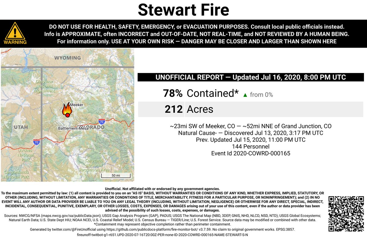 RockyMtnFireBot's tweet photo. #StewartFire 🔥 unofficial, automated update.
~23mi SW of Meeker, CO. ⚠️ DO NOT USE FOR SAFETY PURPOSES - See officials instead. May be incorrect; disclaimers in images. https://t.co/Lr4d41bwI6