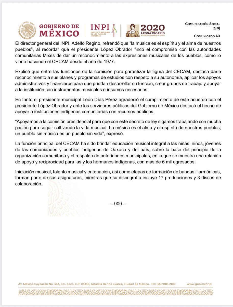 #COMUNICADO | 📰🗞️

Reconocimiento del CECAM enaltece el patrimonio musical de los #PueblosIndígenas de México.

👉🏽 bit.ly/3946N4N

<a href="/DEELAYUUK/">Adelfo Regino Montes</a> <a href="/GobiernoMX/">Gobierno de México</a>