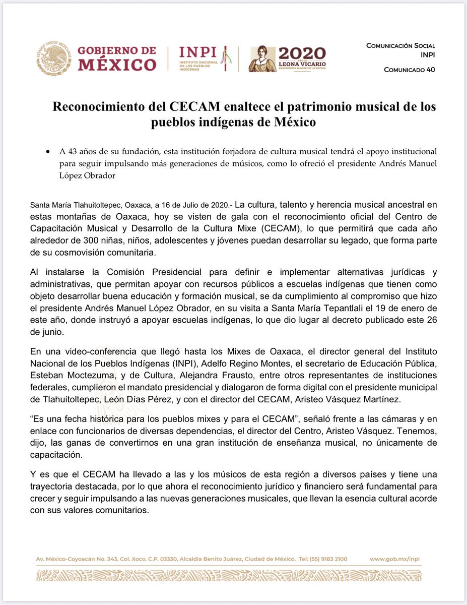 INPImx's tweet photo. #COMUNICADO | 📰🗞️

Reconocimiento del CECAM enaltece el patrimonio musical de los #PueblosIndígenas de México.

👉🏽 https://t.co/yYQhZ1zhPy

@DEELAYUUK @GobiernoMX https://t.co/h4djfMWvoc