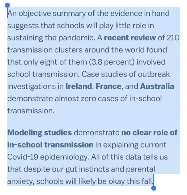 2/ Open schools are not what sustain (much less accelerate) spread. So, closing schools isn’t what’s going to slow spread.  https://www.vox.com/platform/amp/2020/7/9/21318560/covid-19-coronavirus-us-testing-children-schools-reopening-questions#click=https://t.co/JmXPWlmeLm