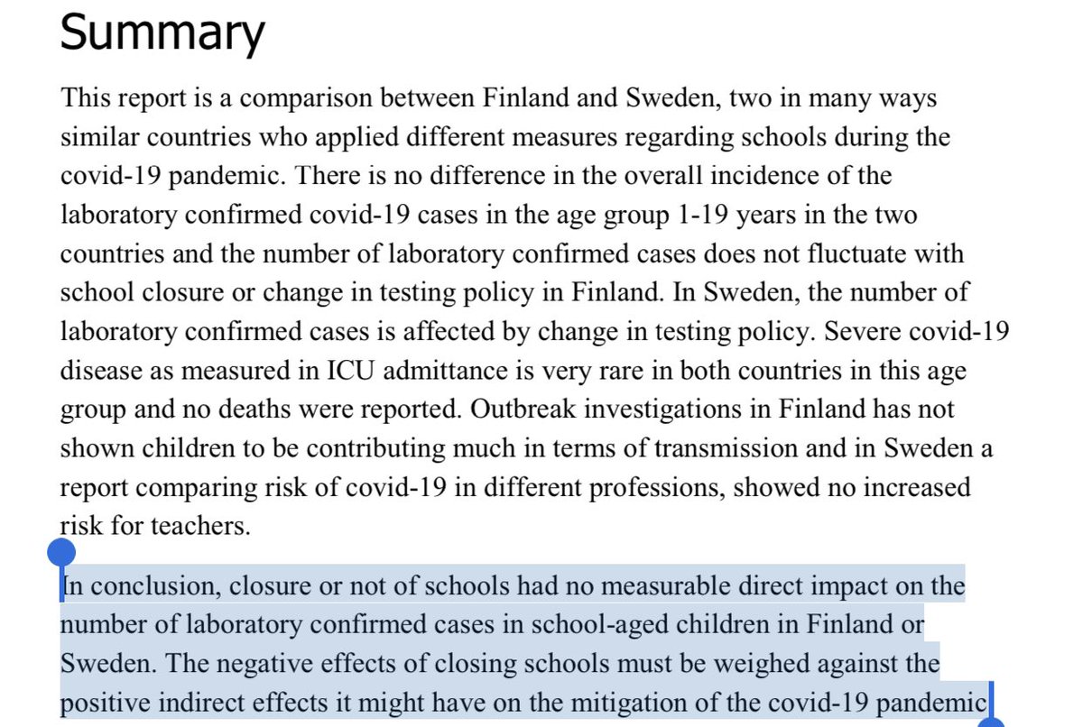 3/ Case studies bear this out. Sweden kept schools open during its entire pandemic—including periods of peak spread. Finland closed schools. Closing or not . . . no measurable impact on the dynamics of transmission in either country.   https://www.folkhalsomyndigheten.se/contentassets/c1b78bffbfde4a7899eb0d8ffdb57b09/covid-19-school-aged-children.pdf