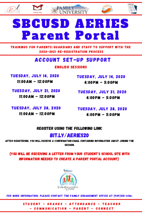 BernardinoUsd's tweet photo. The Family Engagement Office is offering AERIES step by step support sessions to support our SBCUSD families in creating their parent portal account and the Re-registration process for the 2020-2021 school year. 
Please register using the following link: https://t.co/d6Cwah5dt3 https://t.co/YIqDuNTcIQ