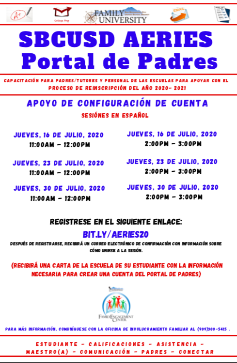 BernardinoUsd's tweet photo. The Family Engagement Office is offering AERIES step by step support sessions to support our SBCUSD families in creating their parent portal account and the Re-registration process for the 2020-2021 school year. 
Please register using the following link: https://t.co/d6Cwah5dt3 https://t.co/YIqDuNTcIQ