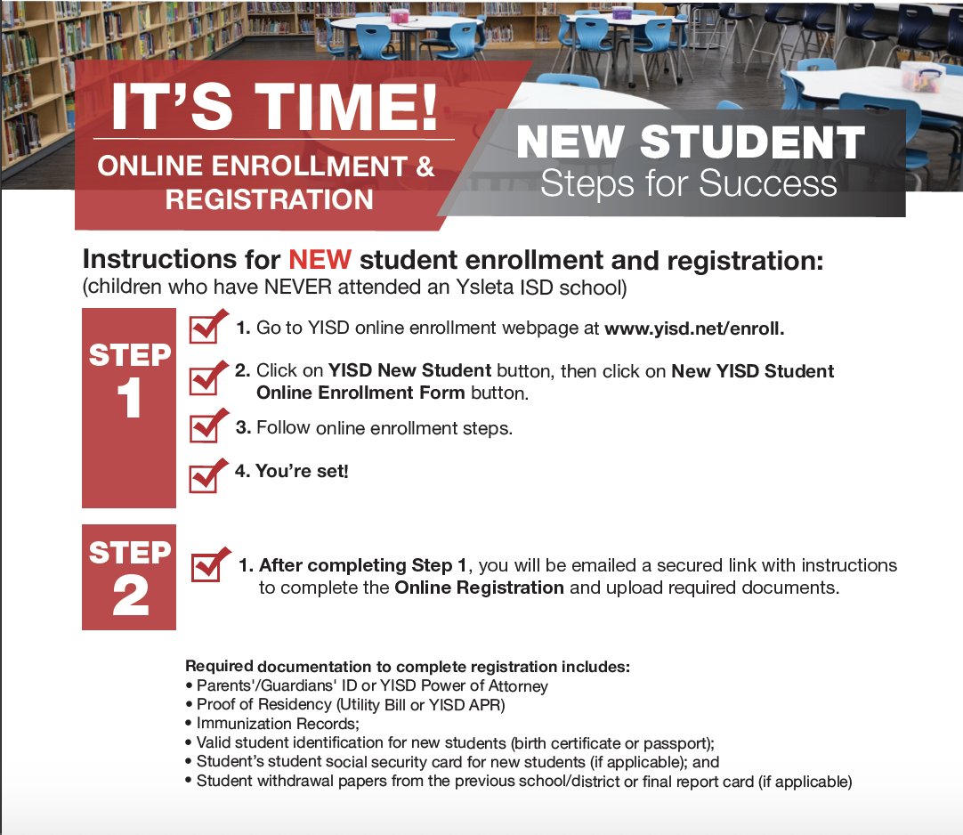 YsletaISD's tweet photo. ARE YOU NEW TO YISD? Here is some information just for you!  We are excited to welcome you to THEDISTRICT! https://t.co/QQWqmNu58Z