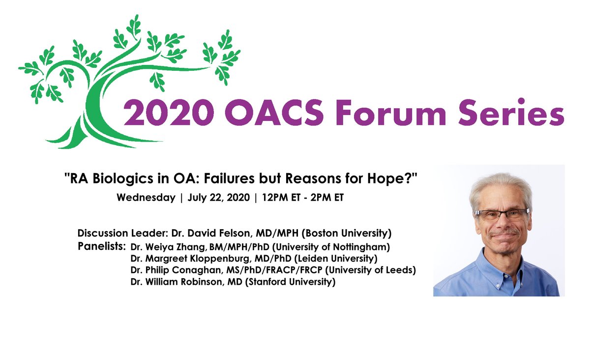 The panel for "RA Biologics in OA: Failures but Reasons for Hope?" is getting ready for next week’s discussion! Register here to follow the discussion between five world-leading experts on Zoom July 22nd 12 p.m ET (free of charge): bit.ly/32lSqru, #OACS #arthritis