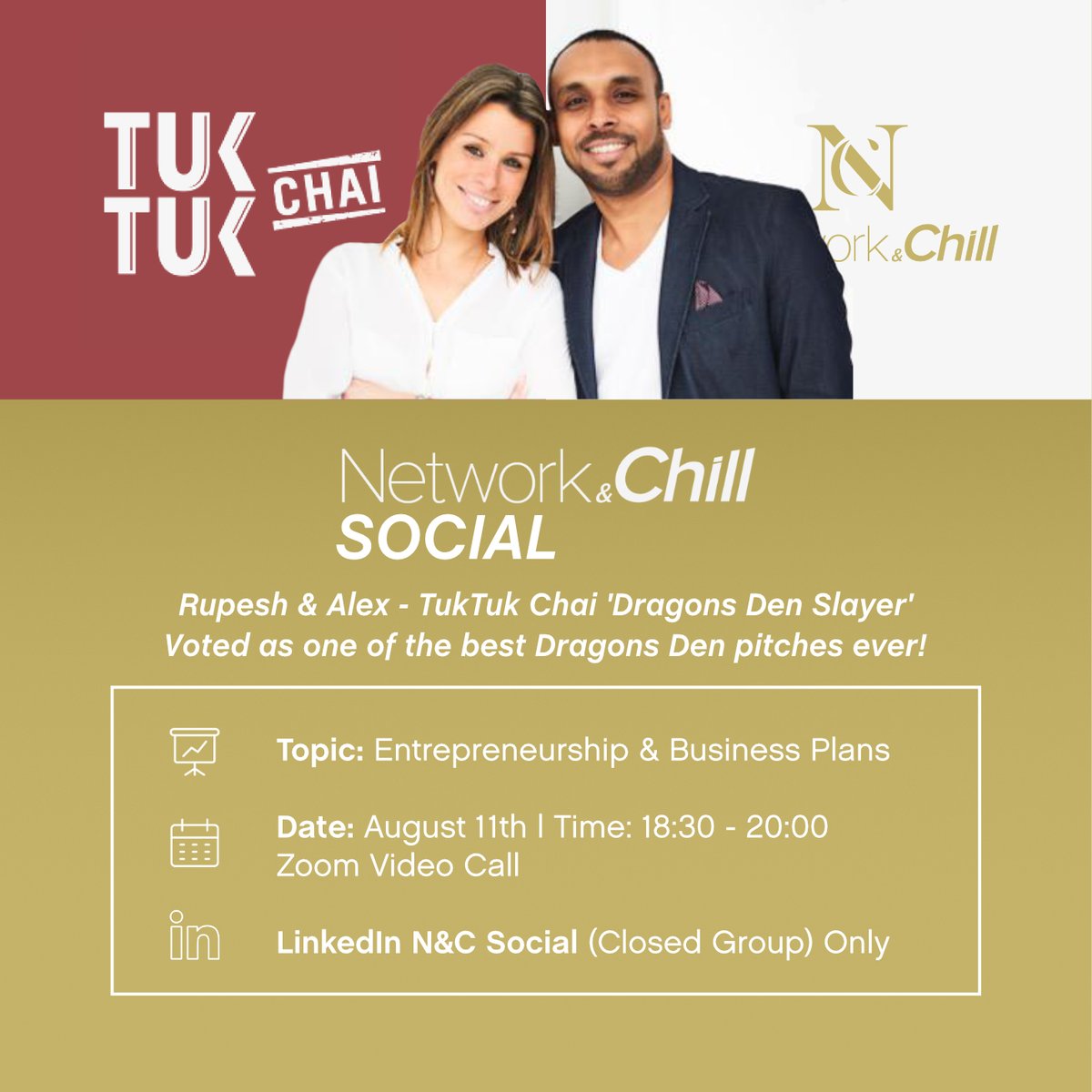 Rupesh Thomas &amp; Alex Thomas will be discussing their entrepreneurial journey, advice on curating the right network and how to create the perfect business plan! With a fantastic (and tasty) brand, this is sure to be an unmissable event - <a href="/TukTukChai/">Tuk Tuk Chai</a>.

#entrepreneurs