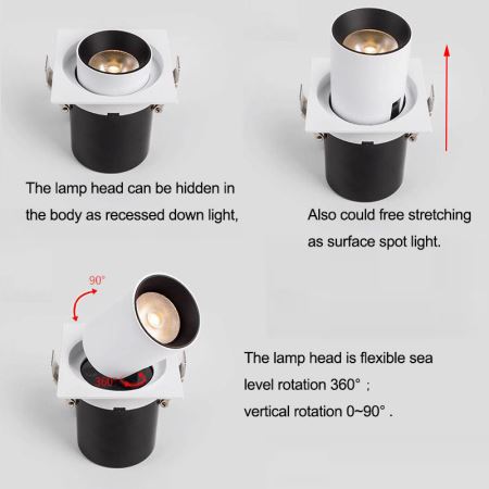 The lamp head can be hidden in the body as recessed down light, Also could free stretching as surface spot light.

And also the lamp head is flexible sea level rotation 350° ,vertical rotation 0~90°#downlights #spotlights
alightlux.com