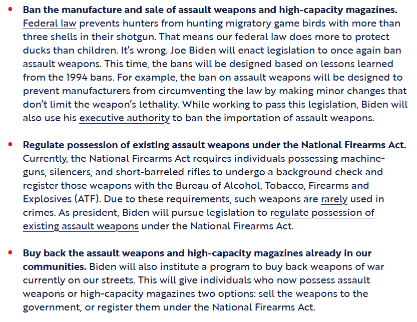 You may have heard about Joe Biden's proposal to require current owners of "assault weapons" and "high-capacity magazines" to register them under the National Firearms Act. Here's an overview of what that registration currently entails.  https://joebiden.com/gunsafety/ 