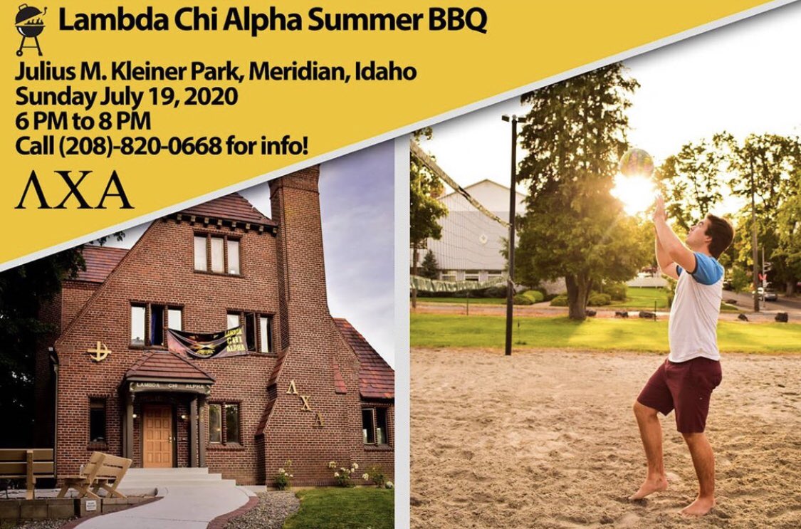 IdahoLCA's tweet photo. Join us this Sunday evening in Meridian for a "Get to know Lambda Chi" BBQ!
We'll be serving up some great food and it'll be a great chance to meet some of our members and ask questions! ππ #RushLCA https://t.co/fvB7ifLSoU