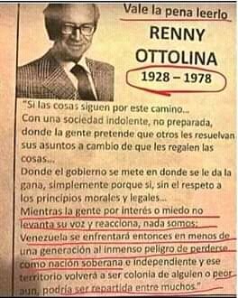 portalaldia's tweet photo. Recordardando: "Mientras la gente por interés o miedo no levanta su voz y reacciona, nada somos: Venezuela se enfrentará entonces en menos de una generación al inmenso peligro de perderse como nación soberana e independiente".

RENNY OTTOLINA https://t.co/lHkqsPKyLh