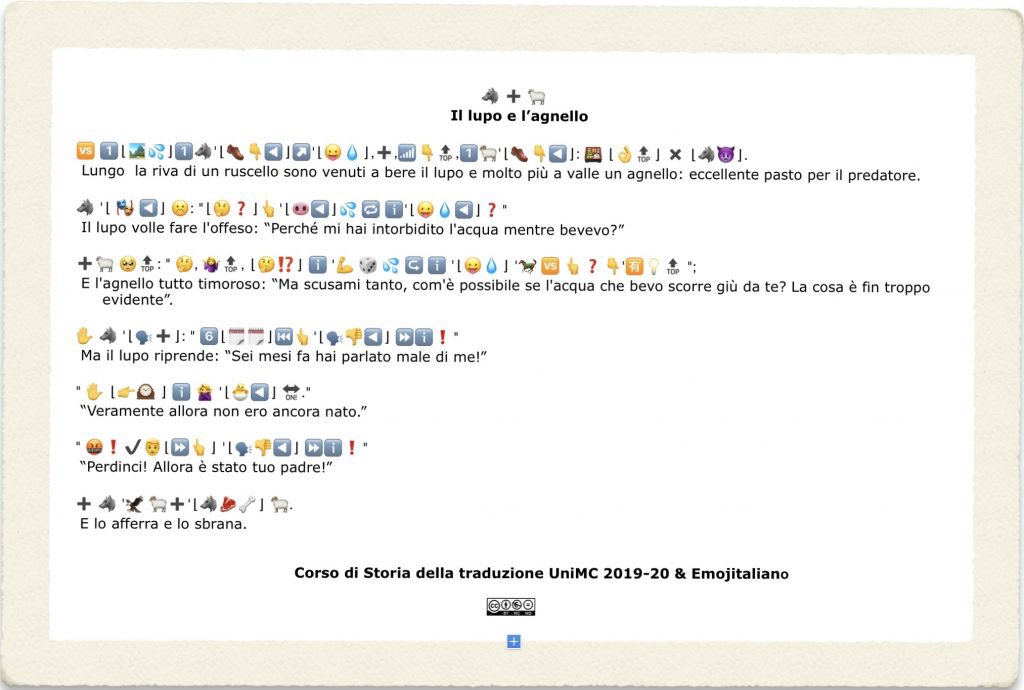 FChiusaroli's tweet photo. In occasione del #WorldEmojiDay, pubblichiamo la versione #Emojitaliano de “Il lupo e l’agnello”, traduzione collettiva realizzata con le studentesse e con gli studenti del corso di #Storiadellatraduzione @UniMC, a.a. 2019-20.  
Buona lettura! https://t.co/rzZqIyfj49