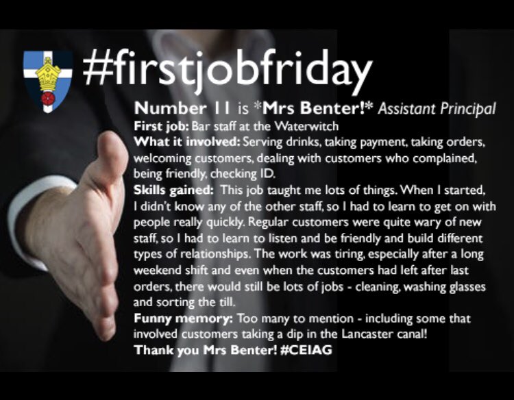 RipleyCareers's tweet photo. Well...it’s the final Friday of term! Which also means the final #firstjobfriday It’s been really interesting seeing how our staff have developed key employability skills from their first jobs that are crucial in their careers. @MrsBenterPE is featured today. #CEIAG #flourish https://t.co/hUf3TNQU8v