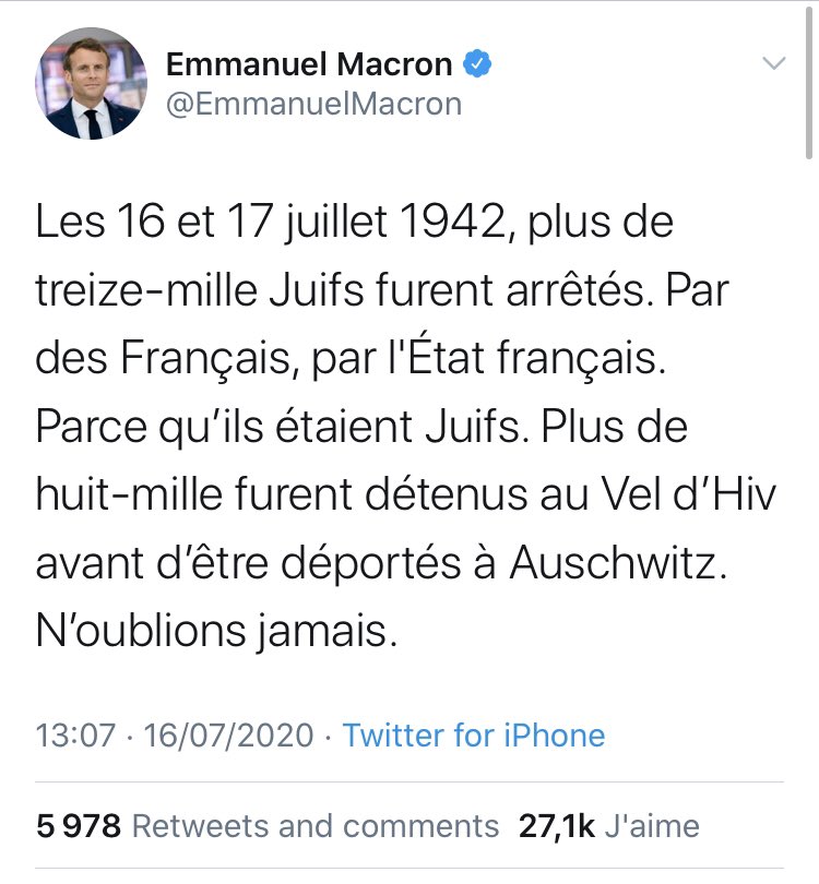 #THREAD : Le président publie un tweet sur la rafle du vel d’Hiv qui enverra des milliers de juifs à une mort certaine dans les camps de concentrations...je vous laisse découvrir les commentaires sous son tweet, c’est édifiant 👇